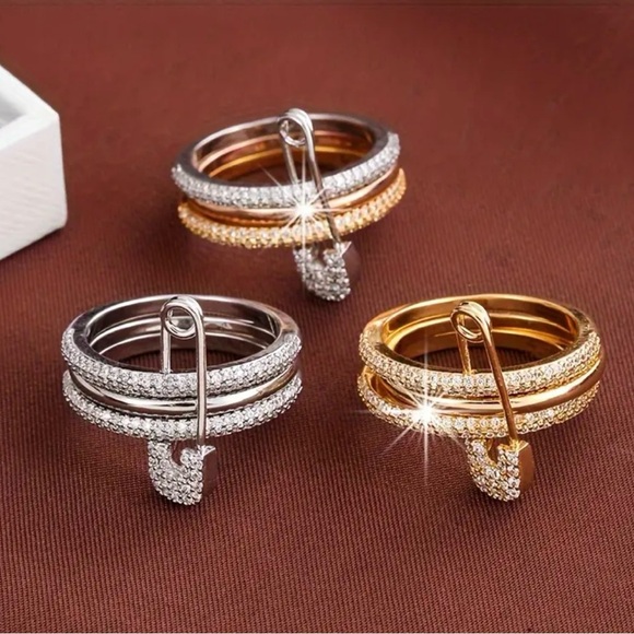 Multi-layer silver tone cubic zirconia safety pin ring - Picture 3 of 4